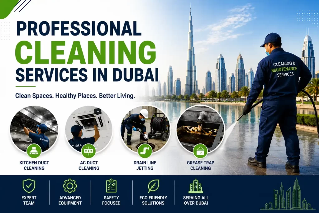 Professional specialized cleaning and maintenance services in Dubai featuring duct cleaning, drain line jetting, grease trap cleaning, and facility maintenance solutions