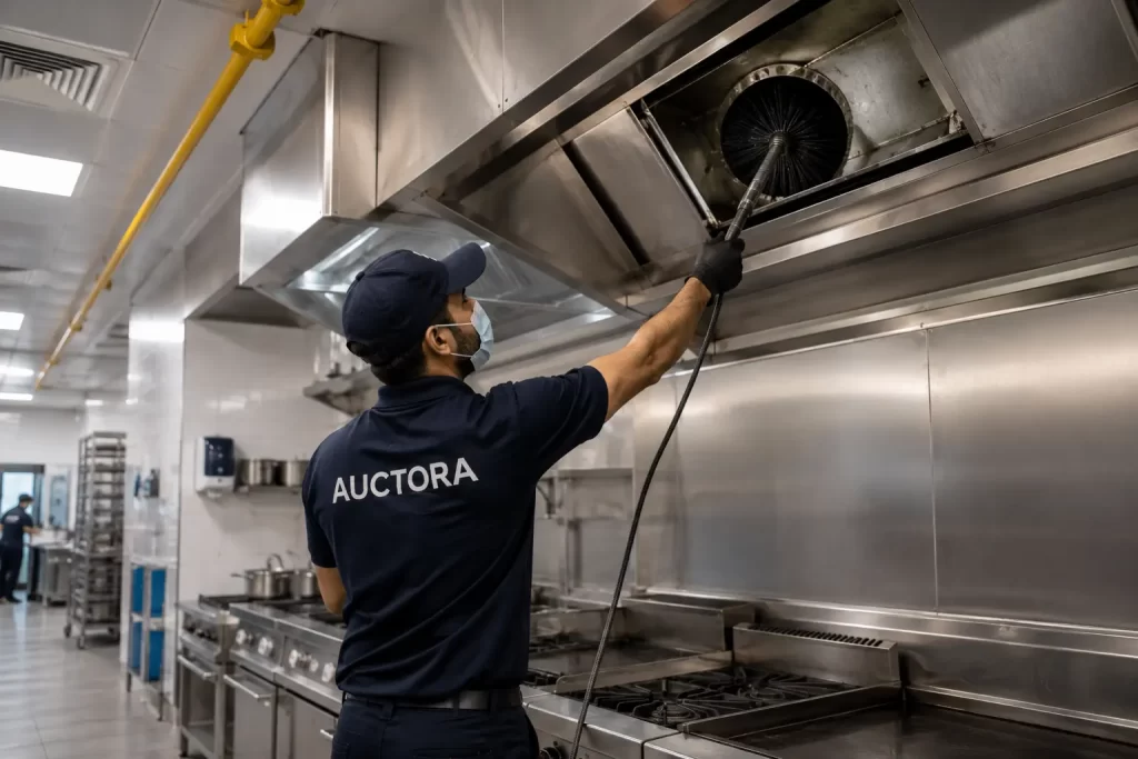 Professional kitchen duct cleaning service in Dubai with technician cleaning a commercial kitchen exhaust hood to remove grease buildup and improve fire safety.