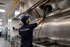 Professional kitchen duct cleaning service in Dubai with technician cleaning a commercial kitchen exhaust hood to remove grease buildup and improve fire safety.