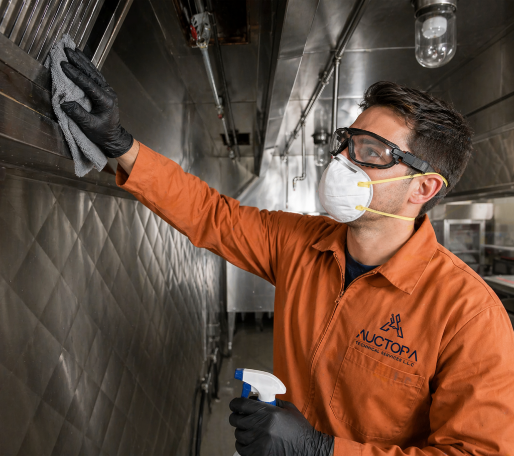 Auctora technician performing kitchen duct cleaning in Dubai by wiping and sanitizing commercial kitchen exhaust surfaces while wearing protective safety equipment.