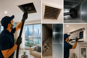 AC duct cleaning service in Dubai technician cleaning dusty air ducts in residential apartment