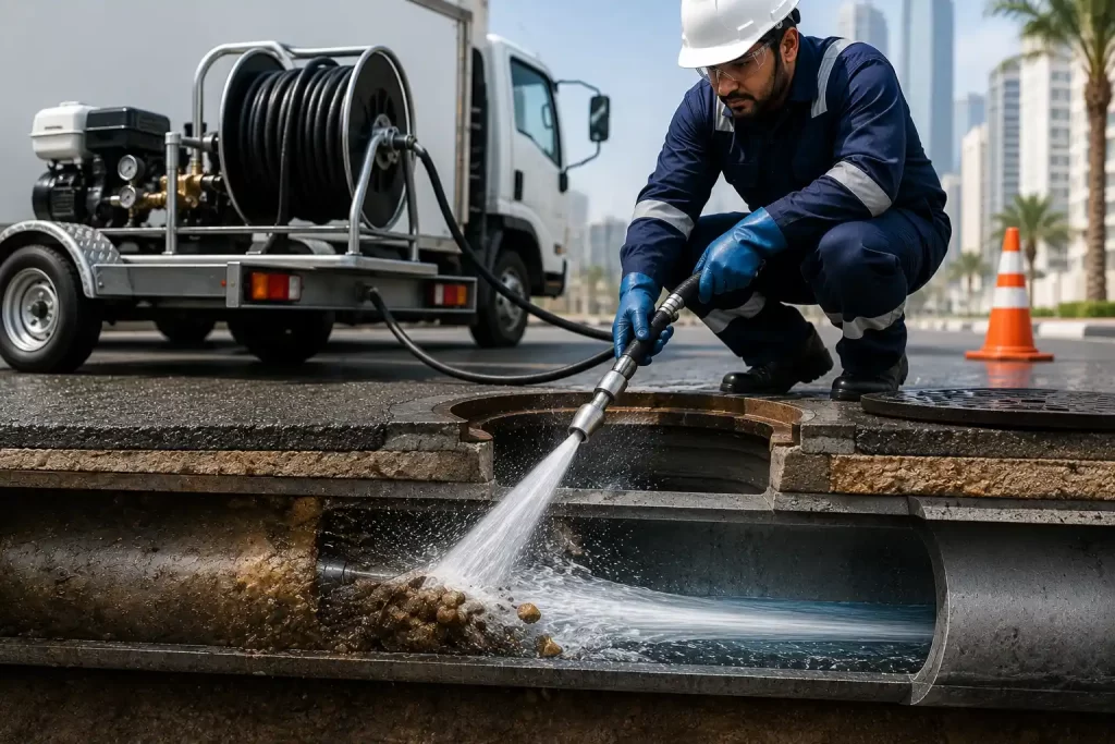 Professional Drain Line Jetting Service in Dubai using high-pressure water jet to clear blocked drainage pipelines.