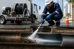 Professional Drain Line Jetting Service in Dubai using high-pressure water jet to clear blocked drainage pipelines.